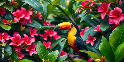 Vibrant toucan amidst lush tropical blooms and foliage, toucan, red