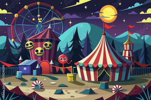 A fun vintage striped circus tent marquee under a star-filled night sky promises an unforgettable entertainment event