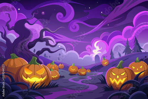 Autumn Halloween night design with pumpkins, bats, and a spooky moonlit sky