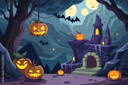 Spooky Halloween night background with pumpkins, bats, and a dark, scary tree silhouette under an autumn moon