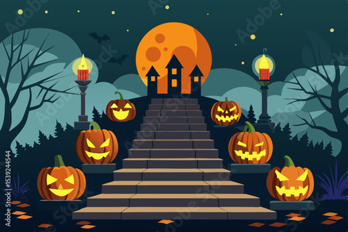 Spooky Halloween night background with scary pumpkins, bats, and a dark, creepy autumn tree silhouette vector illustration