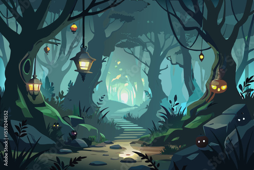 Horror lurks deep underwater: a Halloween night scene in the forest, where bats fly amidst abstract blue coral reefs, and cartoon sharks swim with tropical fish