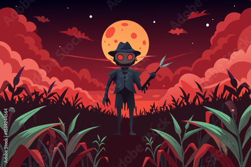 Spooky Halloween night design with bats, pumpkins, and a moonlit tree silhouette vector illustration for an autumn holiday card