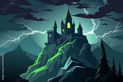 Cartoon vector illustration of a spooky haunted castle on a hill at night, silhouetted against the moonlit sky with trees