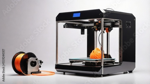 an isolated image of a realistic 3D printer printing a small object, on a white background. Show the printing nozzle and filament clearly.