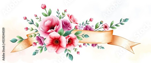 Watercolor ribbon banner with delicate floral bouquet, perfect for wedding invitations or celebrations,  elegant,  stationery