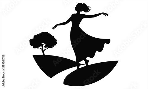 Silhouette of woman in dress on hill with tree