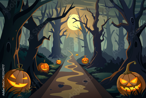Spooky Halloween night with scary pumpkins, bats, and a dark tree silhouette under an orange moon, perfect for a horror-themed autumn celebration illustration
