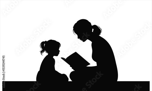 Mother and daughter reading a book together silhouette