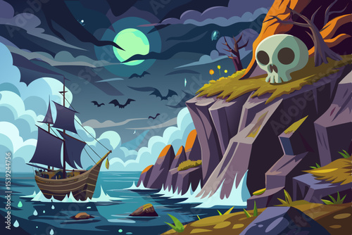 A cartoon pirate ship under a moonlit night sky sails the ocean waves