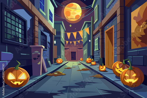 Spooky Halloween night background with scary pumpkins, bats, and trees, perfect for autumn holiday celebrations
