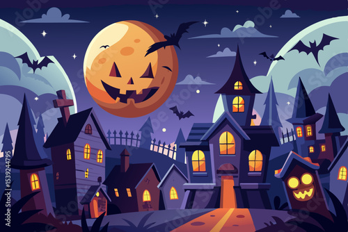 Spooky Halloween night with a haunted castle, glowing pumpkins, and silhouetted bats under a full moon vector illustration