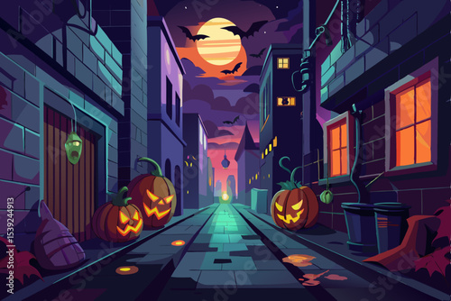 Spooky Halloween night in the city with a haunted house, full moon, and scary bats flying around silhouetted trees and glowing pumpkins, a perfect vector illustration for the dark autumn holiday celeb