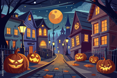 Spooky Halloween night with pumpkins, bats, and a haunted house under a crescent moon, perfect for an autumn celebration