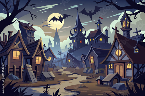 Spooky Halloween night with a haunted house and castle silhouette under a dark sky, featuring bats, scary trees, and pumpkins