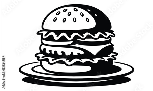 Triple decker burger on plate black and white illustration