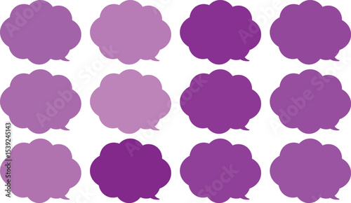 All the bubbles have a distinctive, rounded, cloud-like, or scalloped edge design. This vector image features twelve speech bubbles.