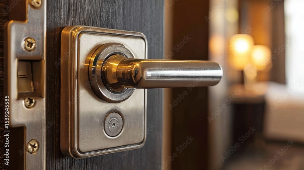 Obraz premium Keycard-locked hotel room door with clean label and modern chrome handle