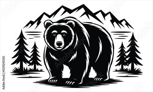 Grizzly bear in mountain landscape silhouette