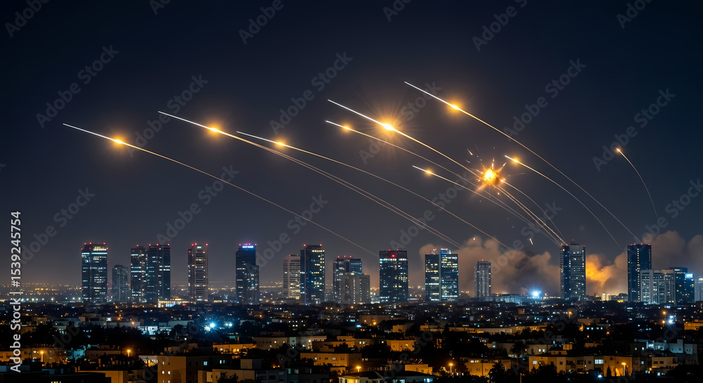 Fototapeta premium Dramatic wide shot: Night sky over Tel Aviv lit by multiple streaks of Iranian ballistic missiles intercepted by Israel's Iron Dome defense system, explosions creating fiery bursts against the dark