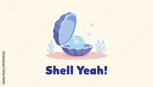 Playful cartoon oyster shell with a glistening pearl inside, vibrant colors, whimsical background, concept of ocean-themed decor or gift shop