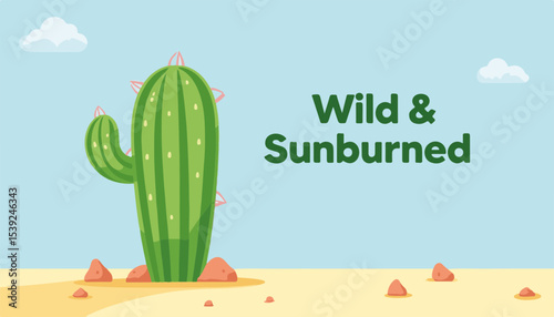 Cartoon cactus illustration standing proudly in a sandy desert background with blue sky and clouds, wild concept of botanical design or creative arts