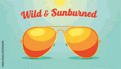 Stylish sunglasses with a sunburst background conveying summer vibes in a vibrant flat design, concept of travel or fashion accessories