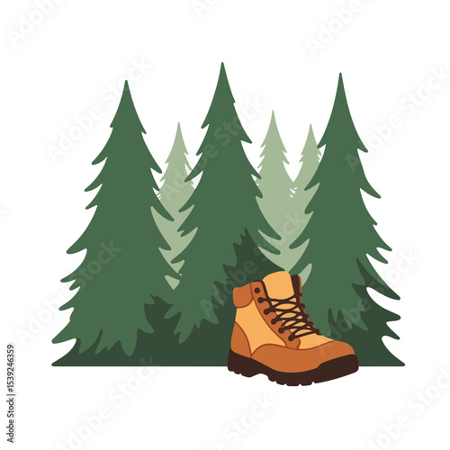 Hiking boot resting on forest floor surrounded by tall green pine trees with a clear white background, outdoor adventure concept of trekking or outdoor gear