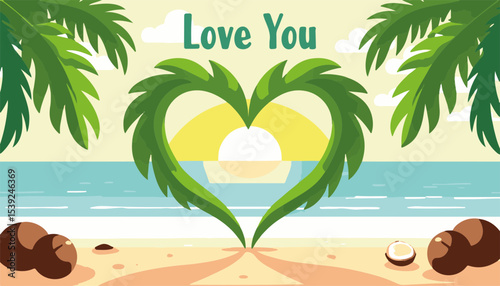Tropical beach sunset with heart-shaped palm leaves framing the sun, creating a romantic atmosphere against the serene ocean backdrop, love concept of travel agency or wedding planner
