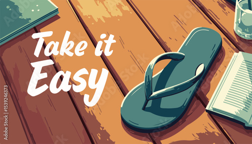 Stylish flip-flop on wooden deck with summer typography, relaxed and inviting atmosphere, ideal for leisure and vacation, concept of beach resorts or travel agencies