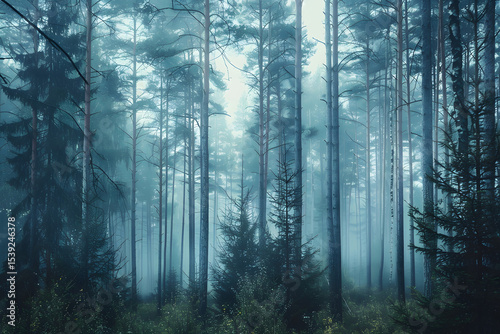 Foggy forest with tall pines disappearing into th