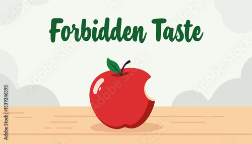 Red bitten apple on wooden table with a whimsical typography background expressing the concept of healthy eating and temptation for food businesses