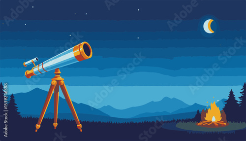 Telescope on a tripod gazing at the starry night sky with a campfire glowing in the foreground against a mountain landscape, adventure concept of outdoor gear or astronomy