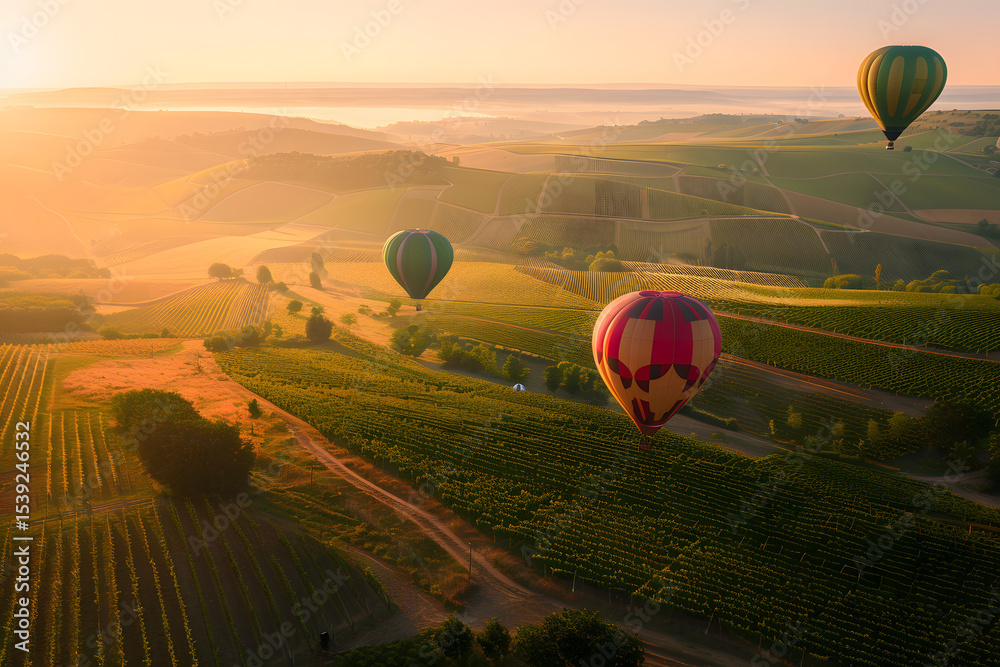 Obraz premium Hot air balloons floating over vineyard valley at