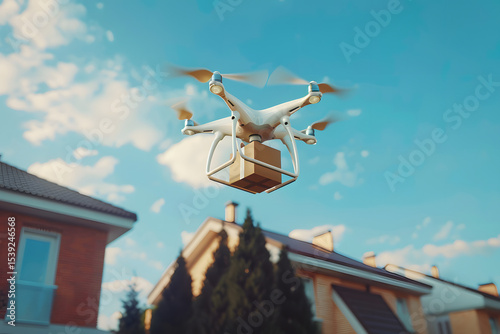 Isolated futuristic delivery drone carrying a pac photo