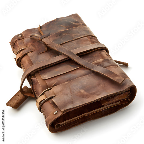 Rustic leather travel journal with strap isolated