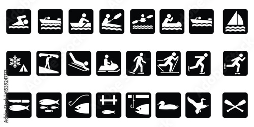 Outdoor Recreation Icon Set – Vector Symbols of Leisure Activities Including Camping, Hiking, Fishing, Biking, Swimming, Sports, Boating, and Nature for Maps, Apps, and Travel Designs