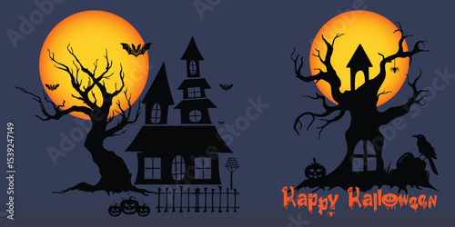 Spooky Halloween Night Scene with Haunted Castle, Scary Trees, Full Moon, Vampire, Ghosts, and Dark Forest – Horror Holiday Illustration in Silhouette Style for Autumn Backgrounds