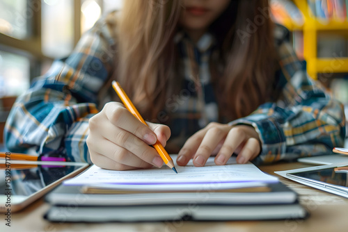 Teenager writing essay with pencil and paper whil