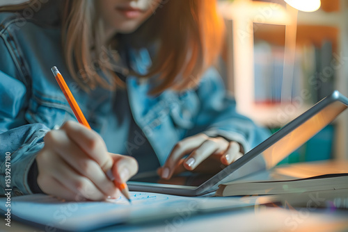Teenager writing essay with pencil and paper whil