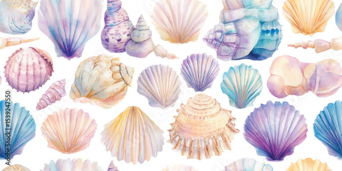 Dreamy Pastel Seashells and Ocean Treasures Watercolor Seamless Pattern. Delicate Beach Nautical Design for textile, packaging, fabric, wallpaper, branding, stationery, wrapping paper interior decor.