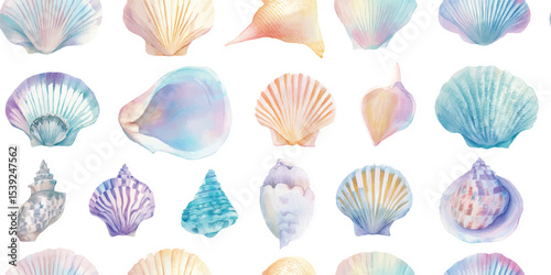 Dreamy Pastel Seashells and Ocean Treasures Watercolor Seamless Pattern. Delicate Beach Nautical Design for textile, packaging, fabric, wallpaper, branding, stationery, wrapping paper interior decor.