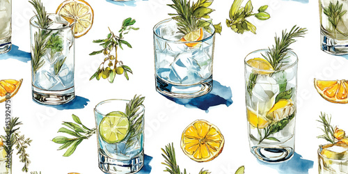 Gin and Tonics, Vodkas, Citrus Cocktails Watercolor Seamless Pattern. Summer Drinks and Botanical Design for textile, packaging, fabric, wallpaper, branding, stationery, wrapping paper interior decor.