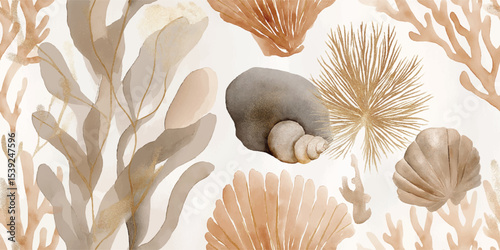 Abstract Ocean Coral, Seaweed, Seashell Watercolor Seamless Pattern. Earthy Tones Coastal Marine Design for textile, packaging, fabric, wallpaper, branding, stationery, wrapping paper interior decor.