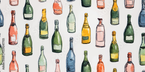 Assorted Wine and Champagne Bottles Seamless Pattern. Various Alcoholic Beverages and Drinkware Design for textile, packaging, fabric, wallpaper, branding, stationery, wrapping paper interior decor.