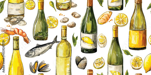 Mediterranean Wine, Seafood, Citrus Hand-Drawn Seamless Pattern. Gourmet Food and Drink Culinary Design for textile, packaging, fabric, wallpaper, branding, stationery, wrapping paper interior decor.