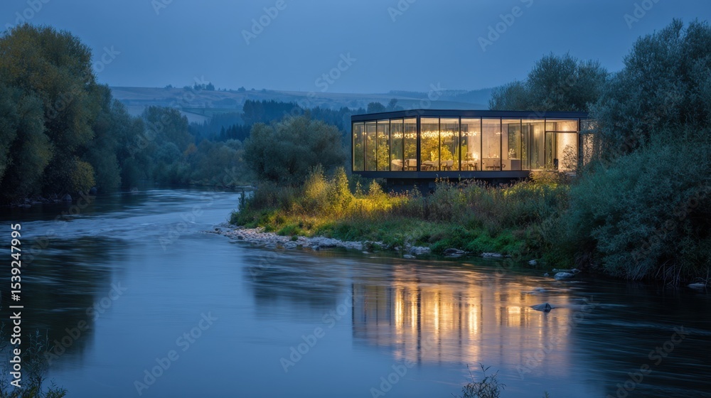 Fototapeta premium Open-plan modern home by the river with glowing glass facade at blue hour