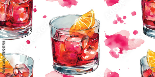 Aperol Spritz, Negroni, Old Fashioned Cocktails Watercolor Seamless Pattern. Summer Drinks Barware Design for textile, packaging, fabric, wallpaper, branding, stationery, wrapping paper interior decor
