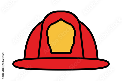 Red firefighter helmet icon with yellow badge in flat style design. Clipart image isolated on background.