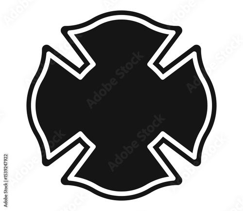 Black and white Maltese cross icon symbolizing firefighter profession. Clipart image isolated on background.